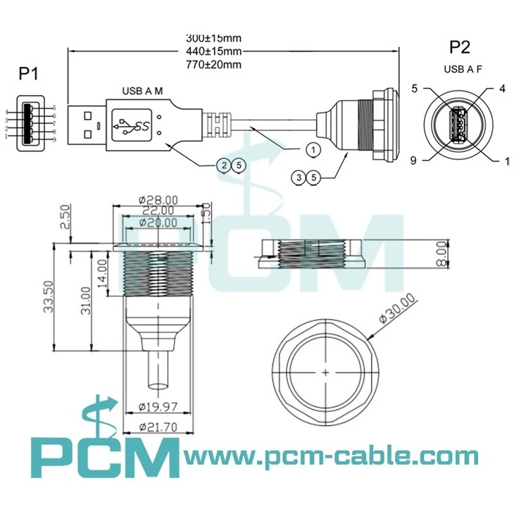 drawing dimensions cutout size of usb 3.0 round panel mount extension cable